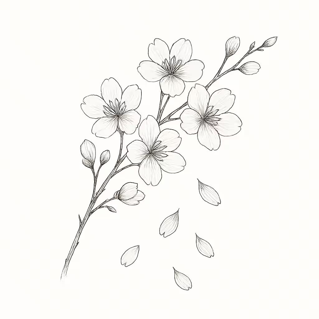 桜のタトゥー 枝咲き細線デザイン