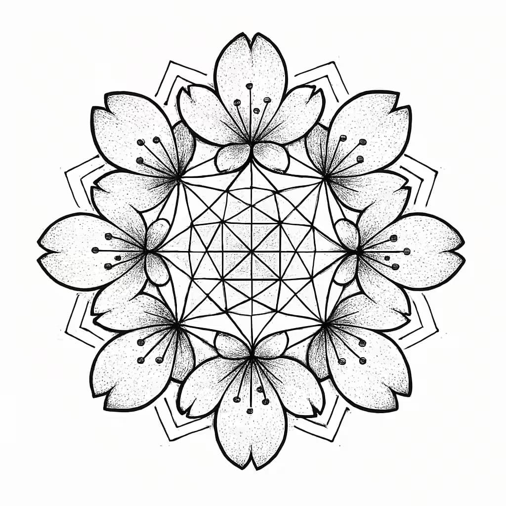 桜のタトゥー 幾何学的曼荼羅デザイン