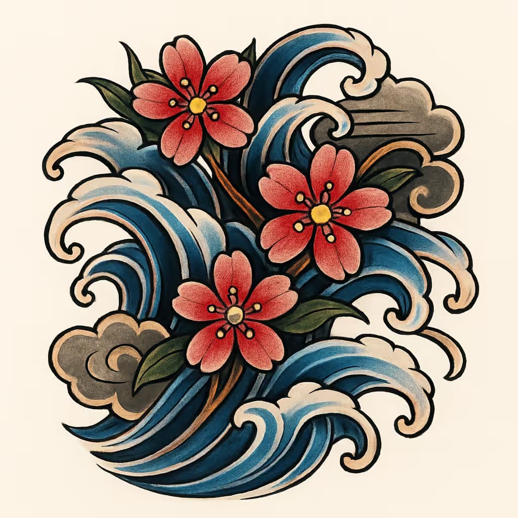 桜の花タトゥーと日本波紋デザイン