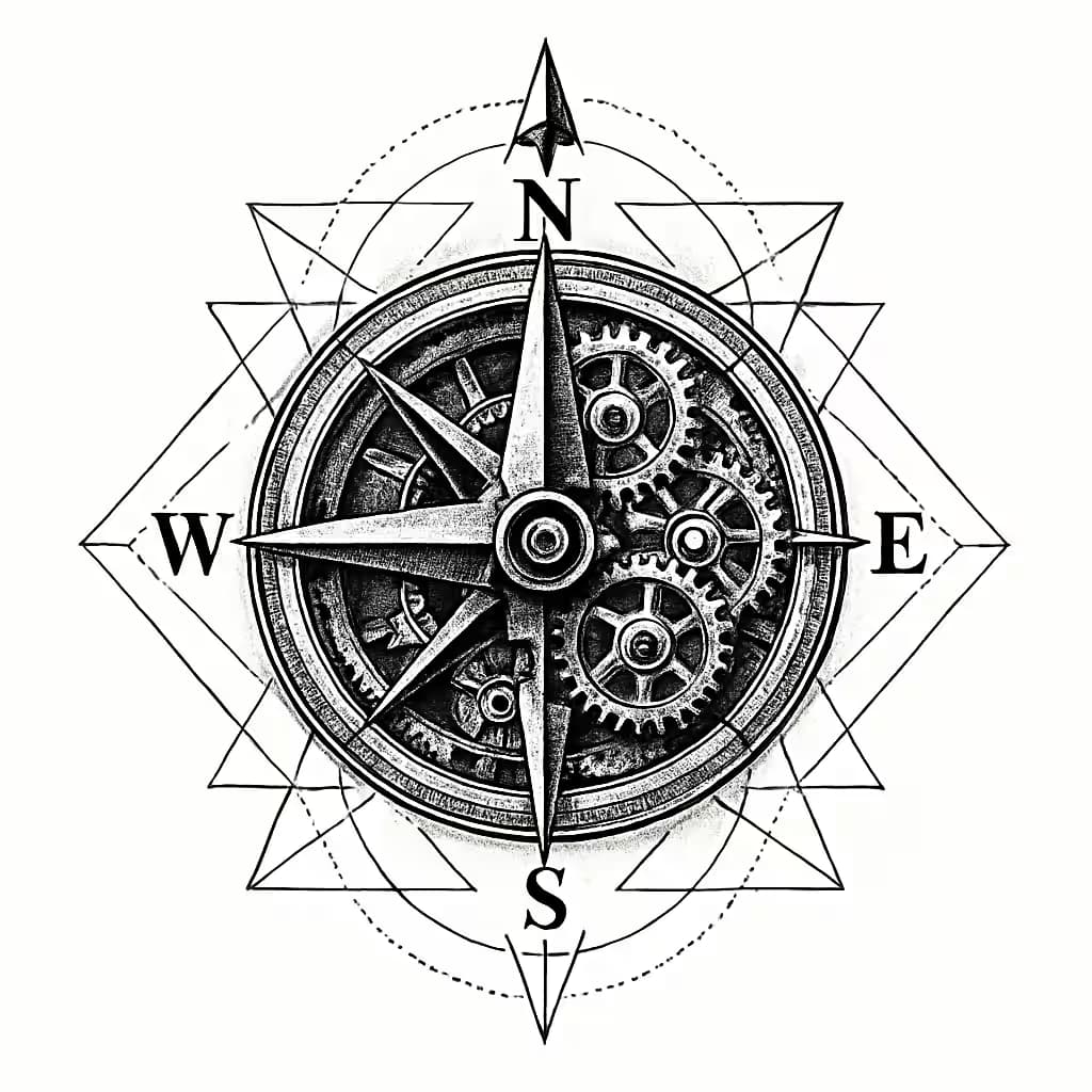 コンパスタトゥー | 幾何学的ギア融合デザイン