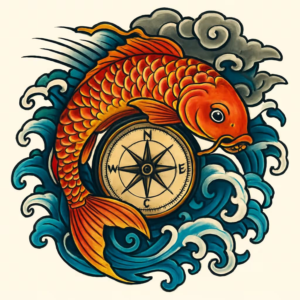 コンパスタトゥーと鯉の融合デザイン