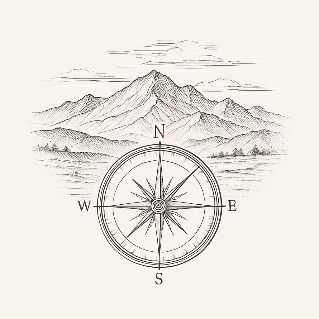 コンパスタトゥー | 細線スタイルの山と地平線