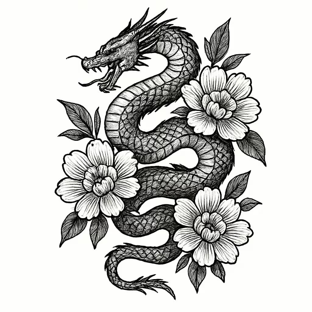 Dragon Tattoo with Geometric Floral Design
