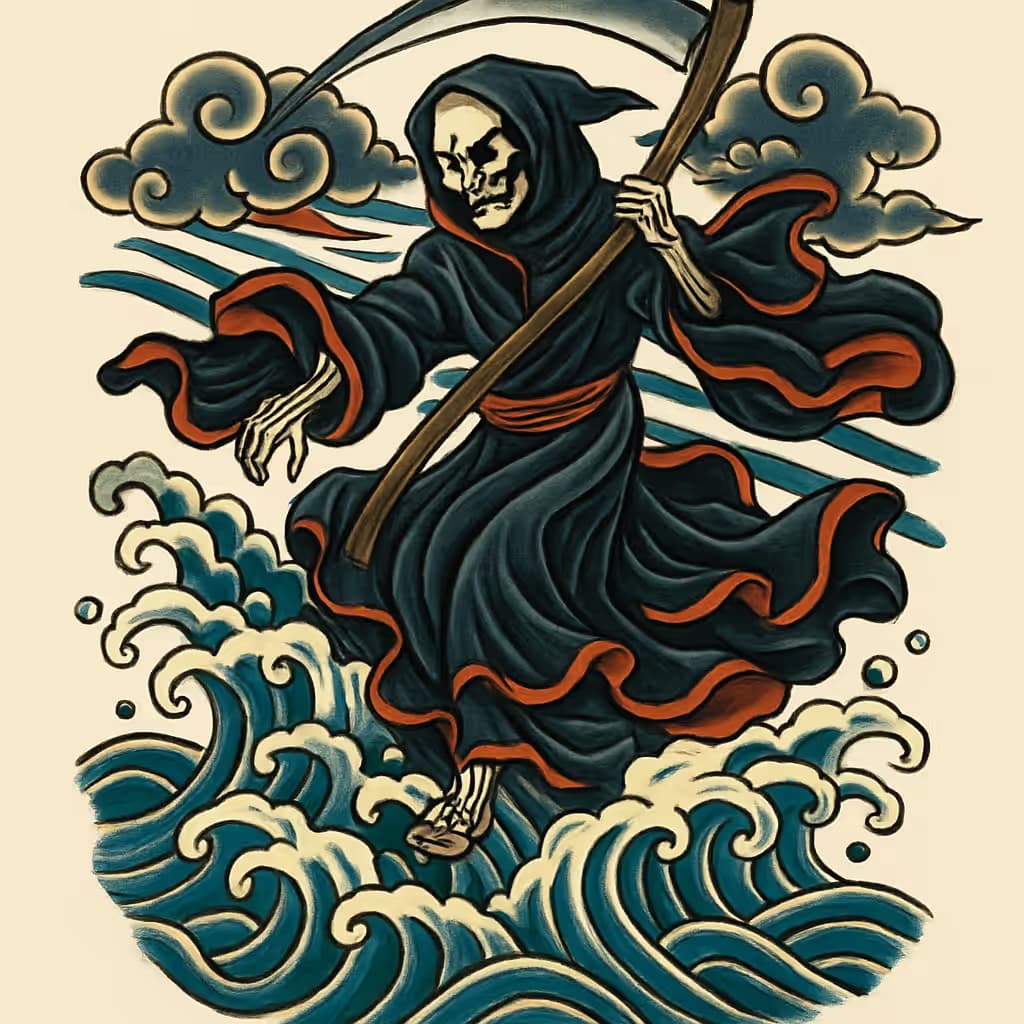 死神タトゥー | 日式波浪と融合したデザイン