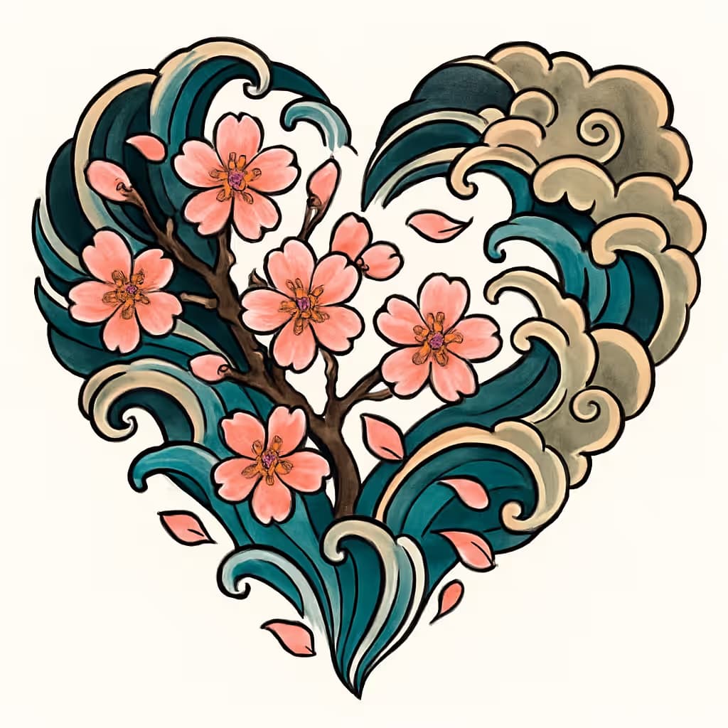 ハートタトゥー 桜 日本風デザイン