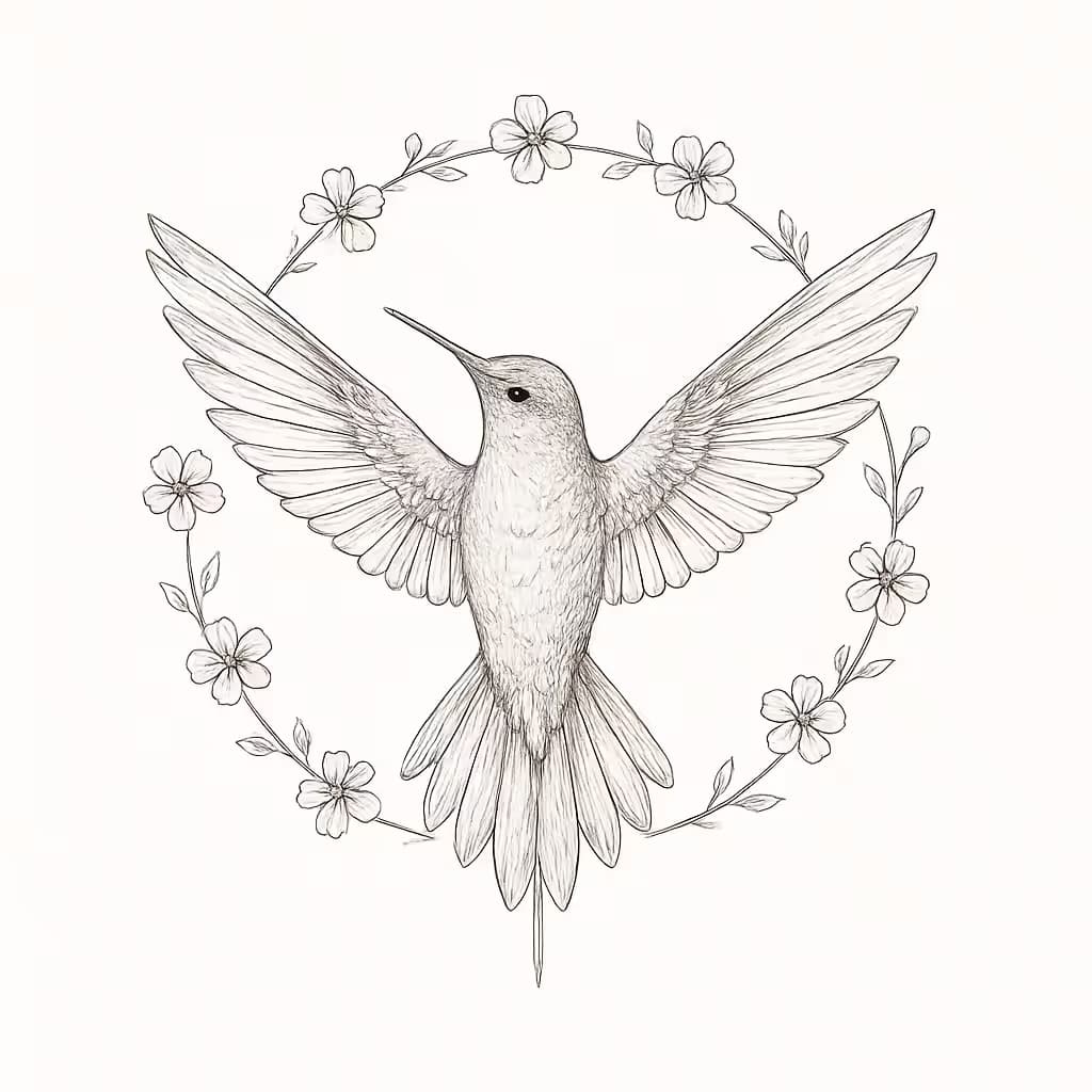 ハチドリタトゥー細線 | 優雅な花と調和のデザイン
