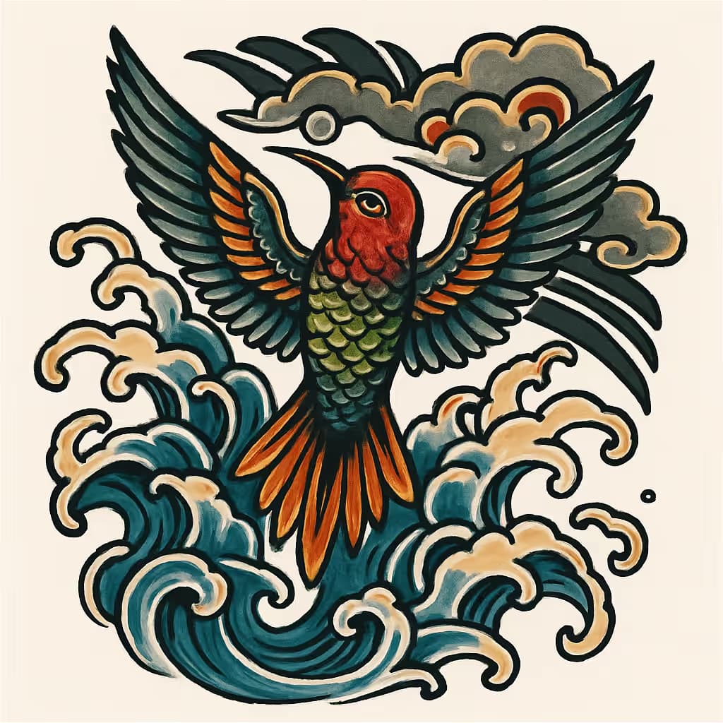 ハチドリタトゥー 日式波紋デザイン