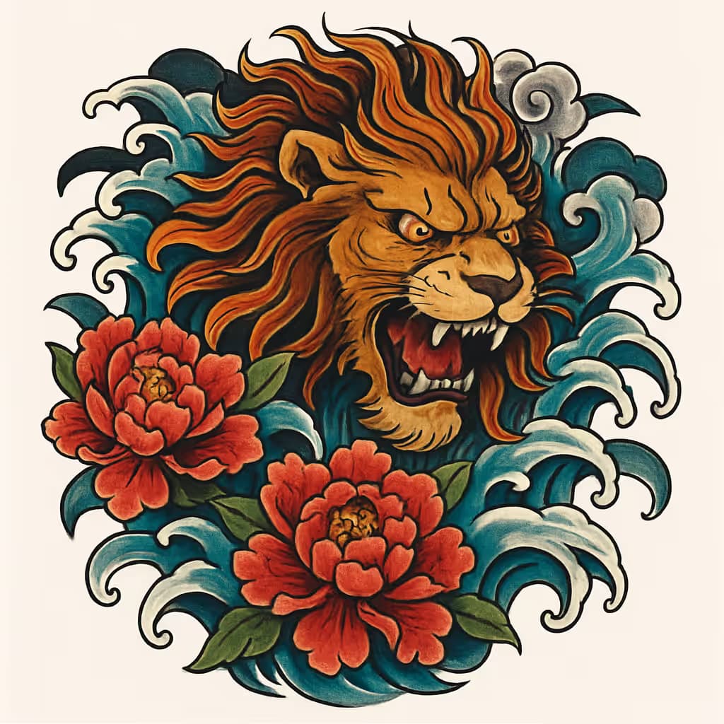 ライオンタトゥー | 和風サムライ守護獅子デザイン