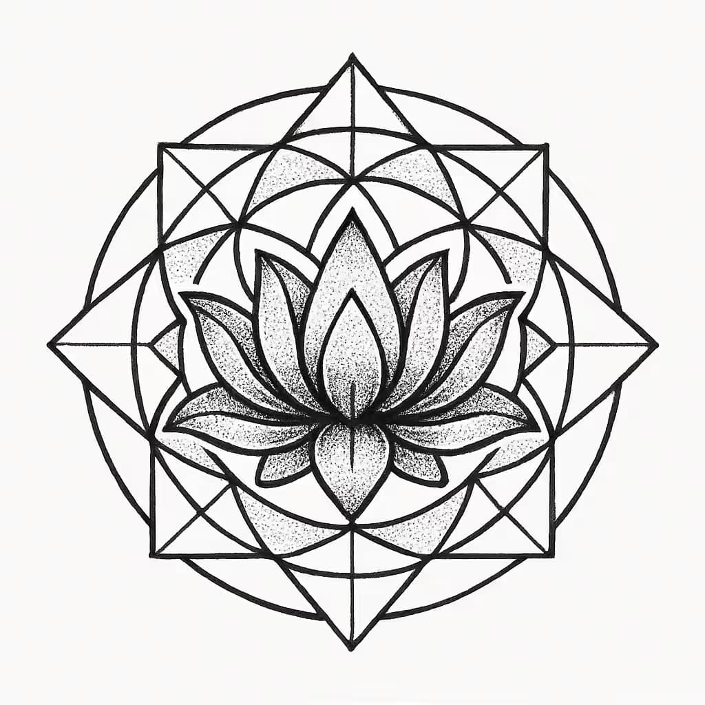 蓮の花のタトゥー 幾何学的な美とバランス