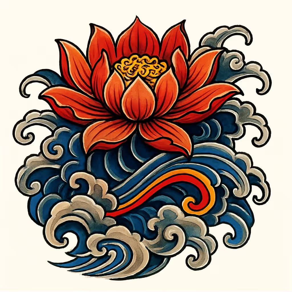 蓮の花タトゥー 日式波紋デザイン