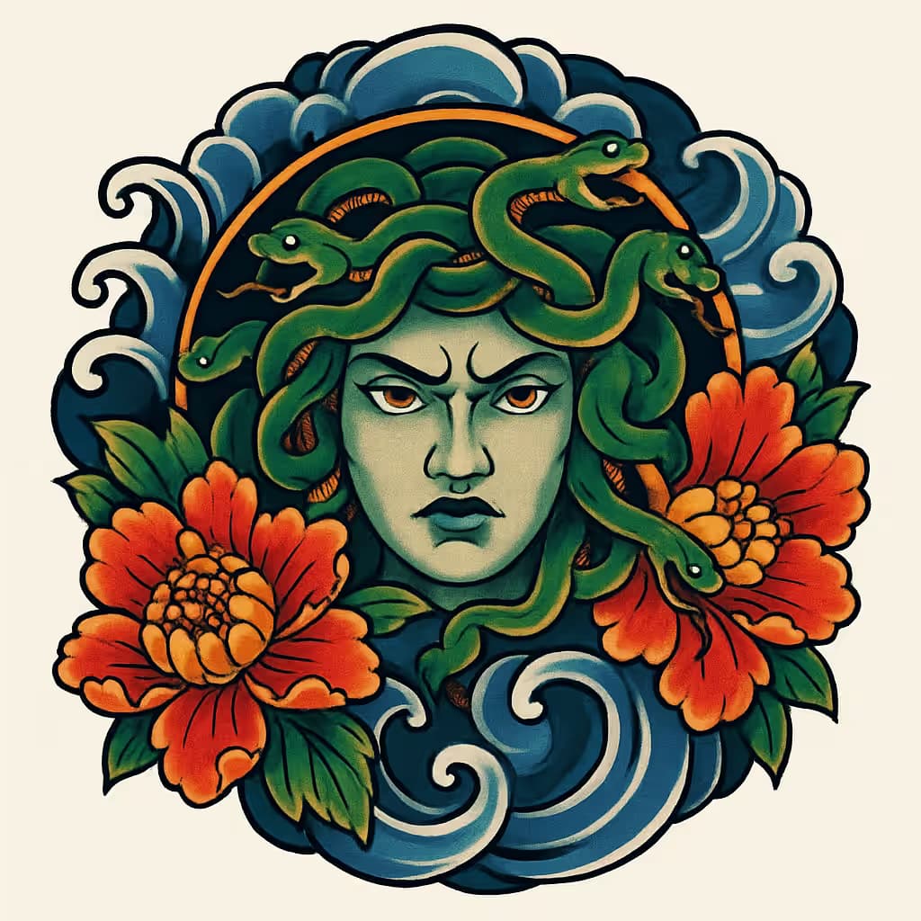 メデューサタトゥーと和風波紋デザイン