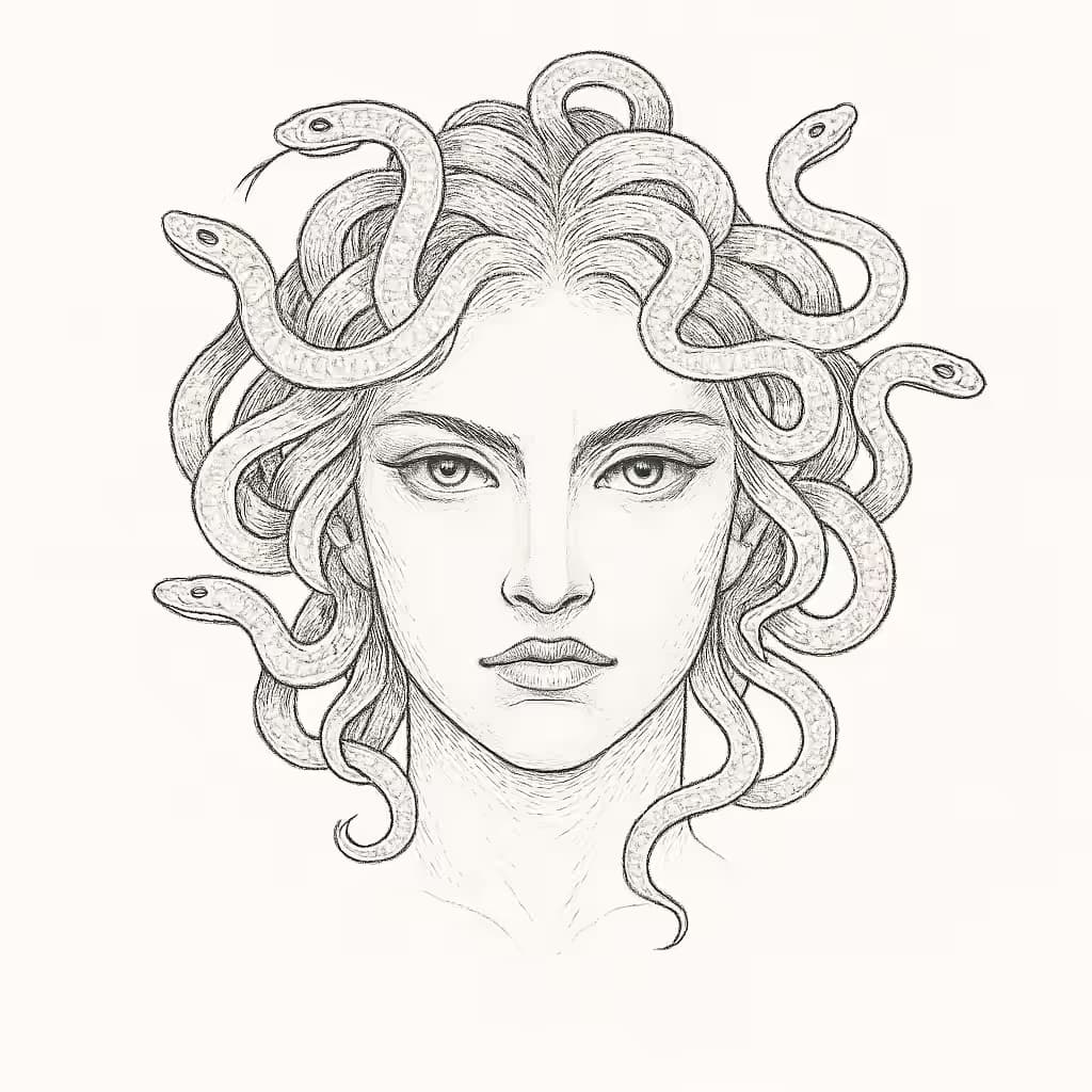 メデューサタトゥー細線スタイル肖像デザイン
