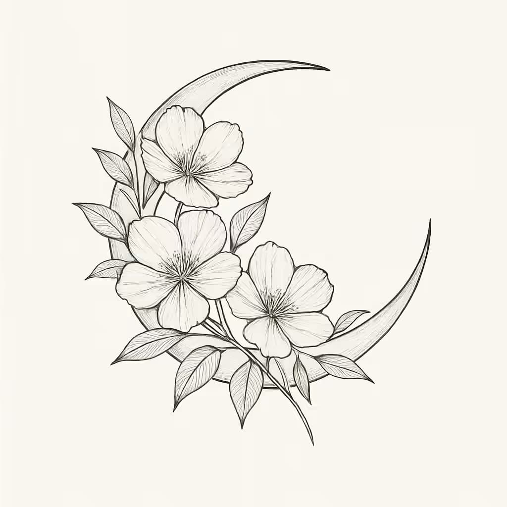 ムーンタトゥー繊細な花柄クレセントデザイン