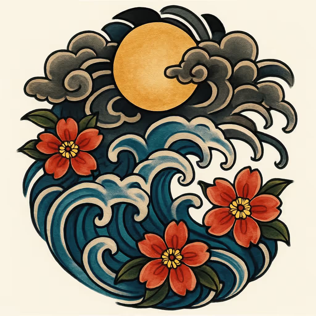 月のタトゥー | 和風波紋と月のデザイン