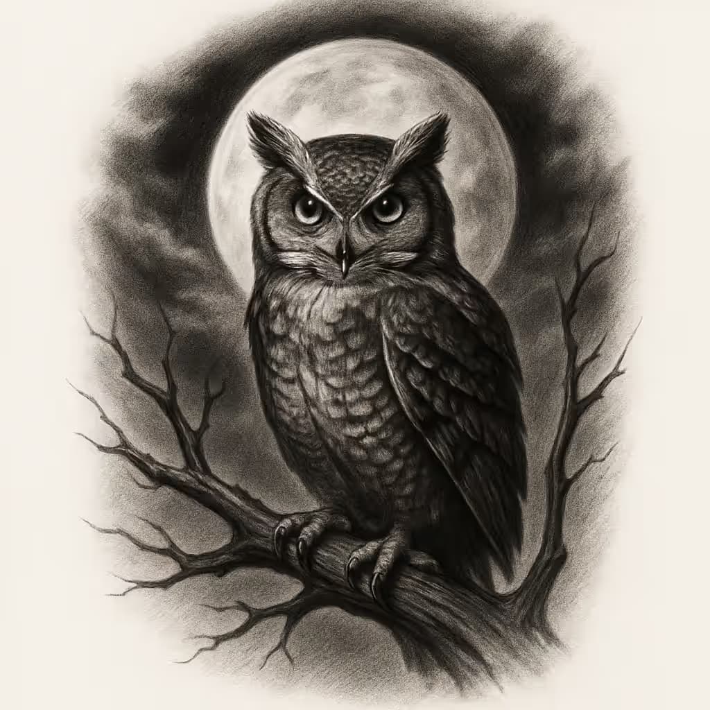 月のタトゥーで描く神秘的な夜のフクロウ