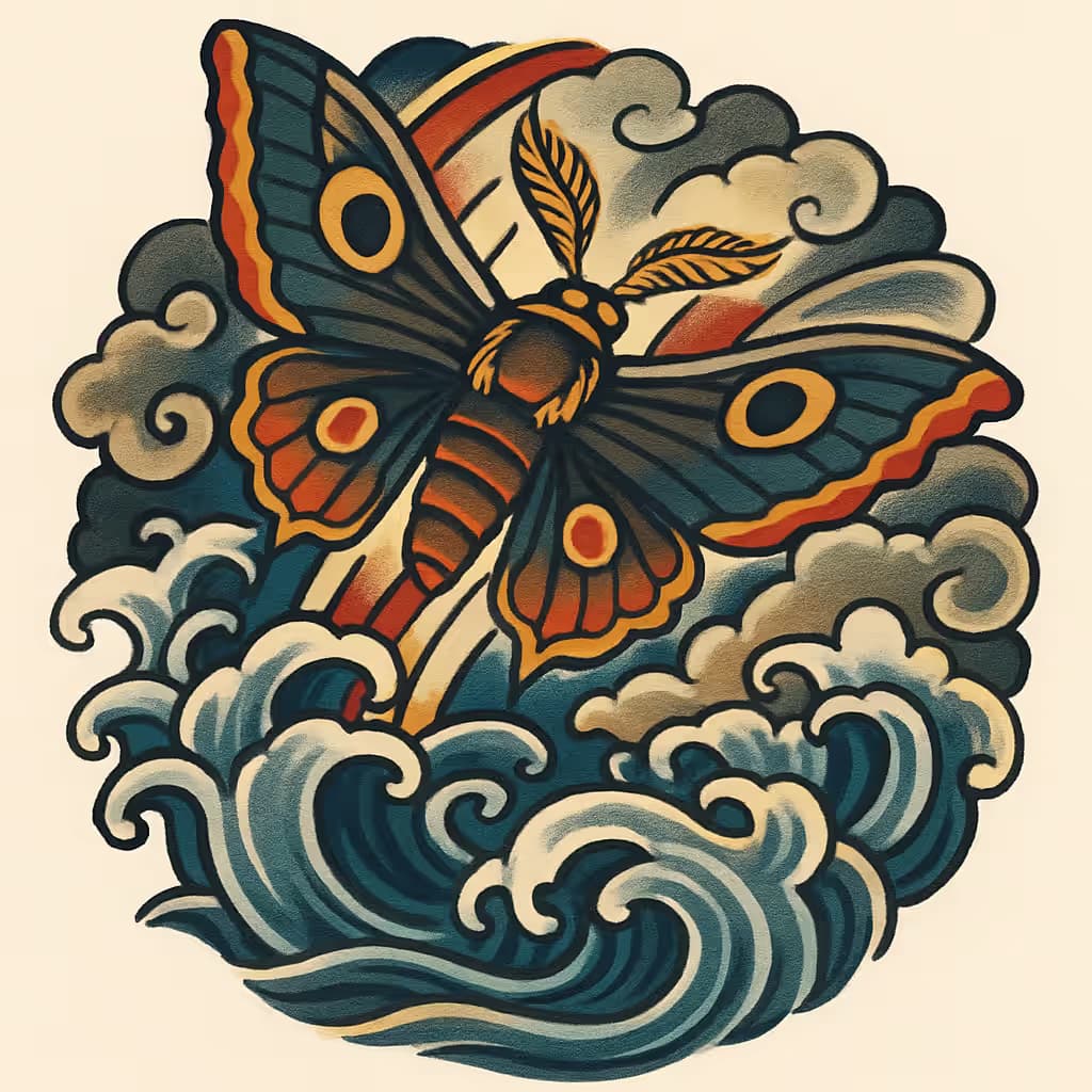 蛾のタトゥー 日式波紋デザイン