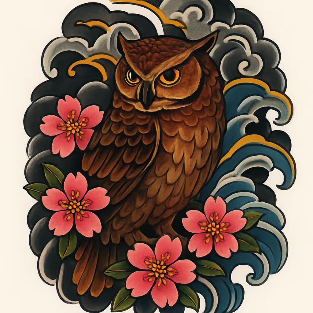 フクロウタトゥー 和風デザイン 花と調和