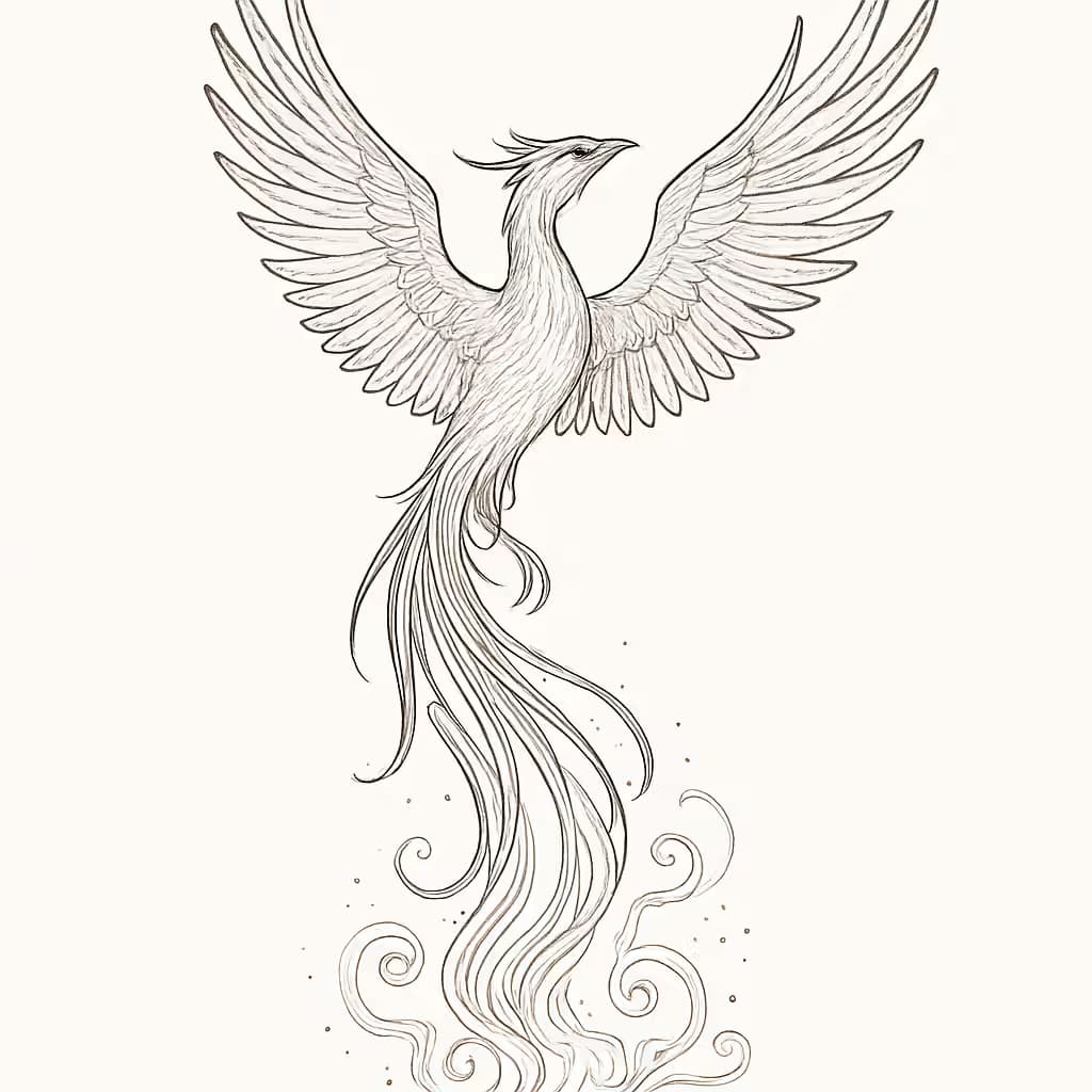 Phoenix Ascending in Profile Fine Line Tattoo