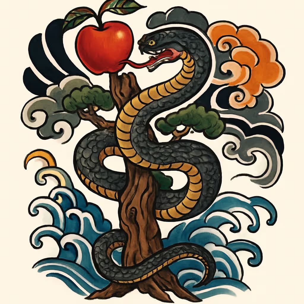 毒の木のタトゥー | 日本伝統風蛇とリンゴの木