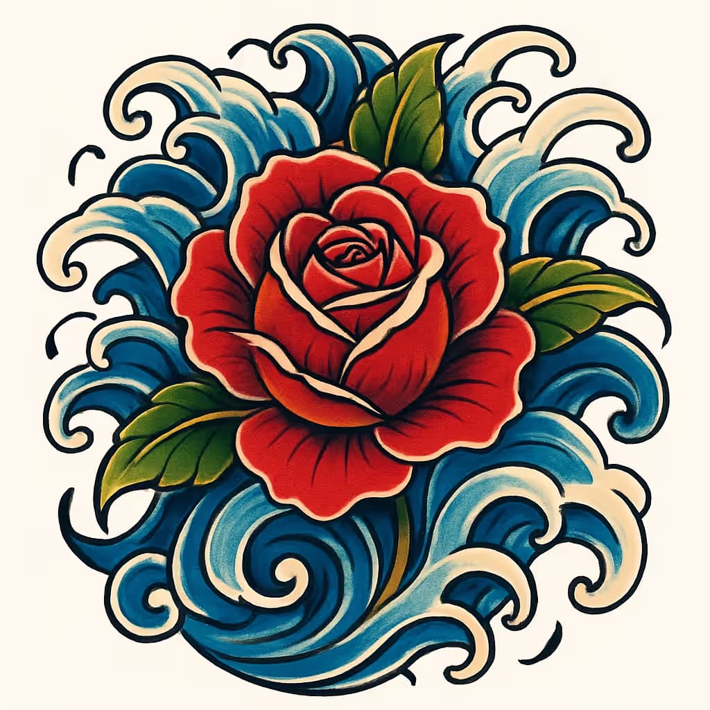 薔薇タトゥー | 日式波模様ダイナミックデザイン