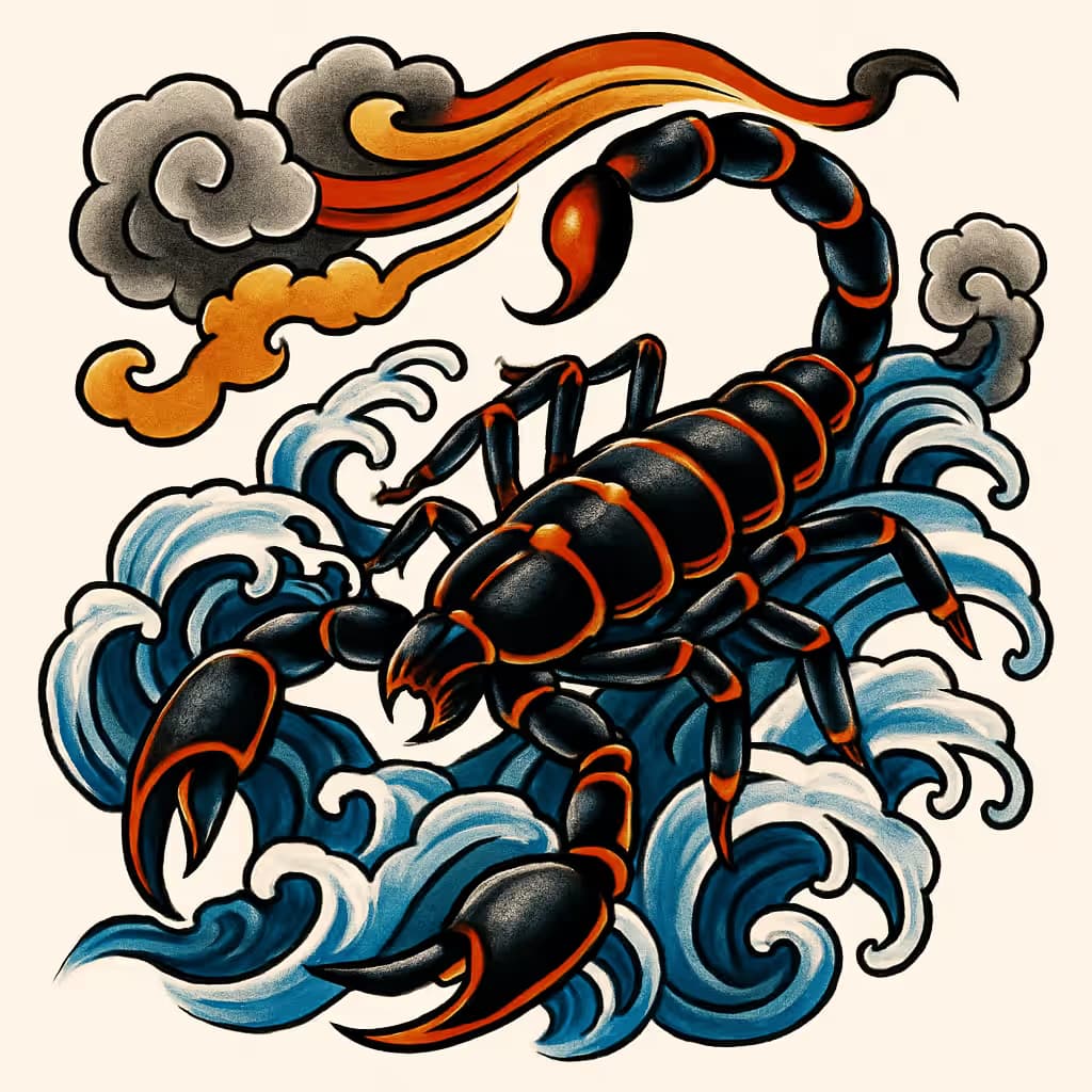 サソリタトゥーと波 | 和風ミステリアスデザイン