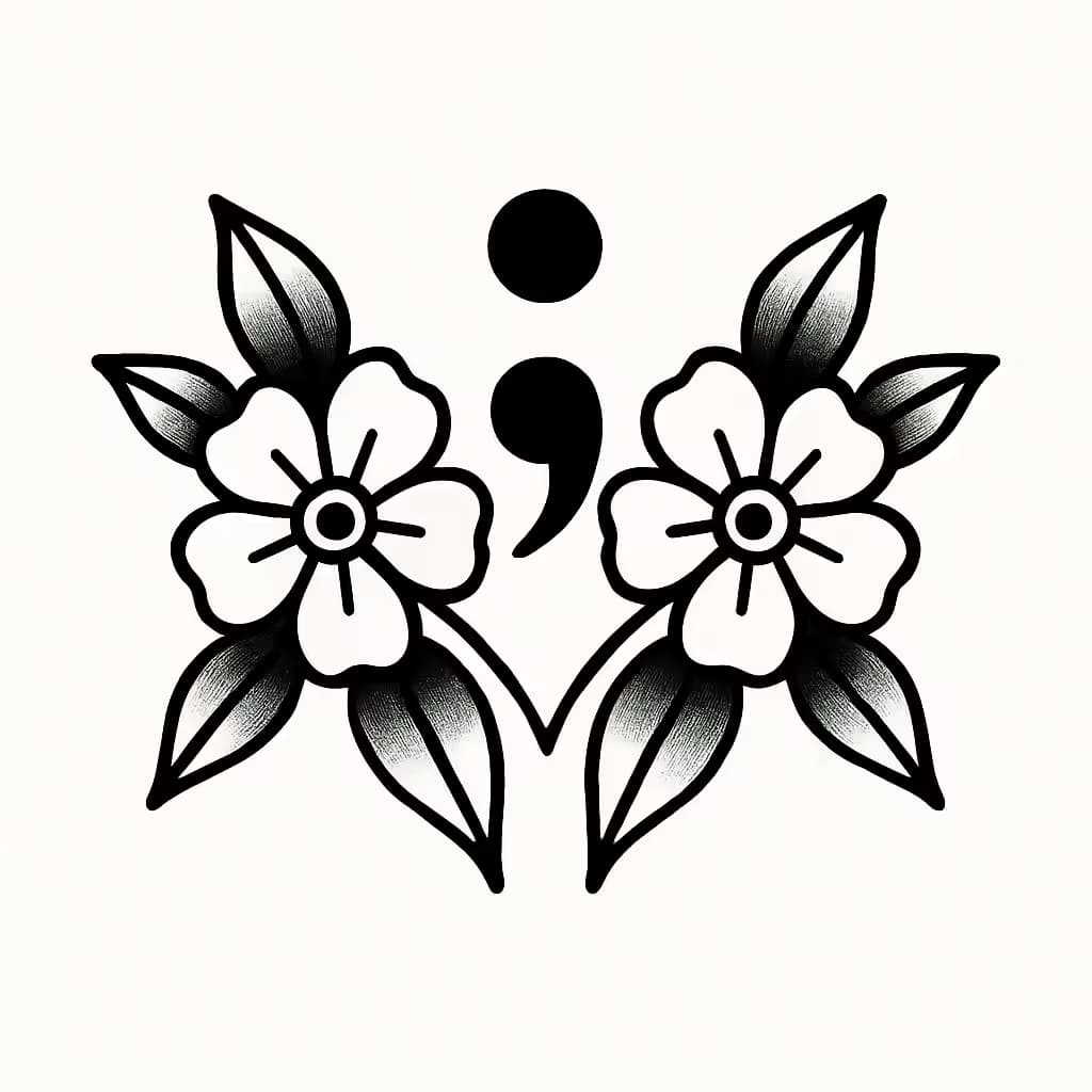 セミコロンタトゥーの花咲くデザイン