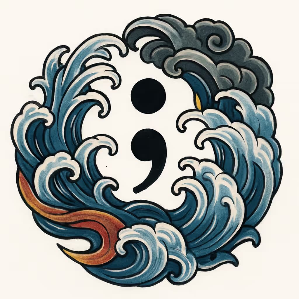 セミコロンタトゥーと和風波模様の融合デザイン