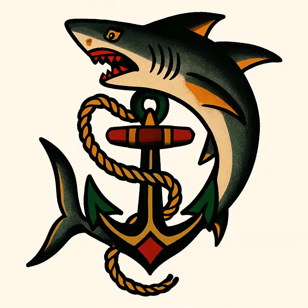 サメタトゥー | アメリカン伝統的なアンカーとサメ