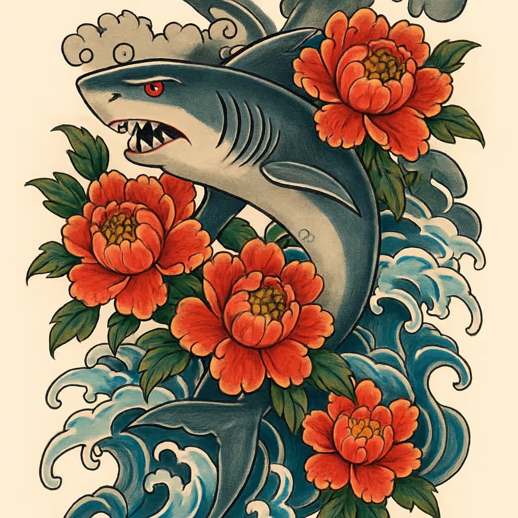サメタトゥーが映える和風デザイン