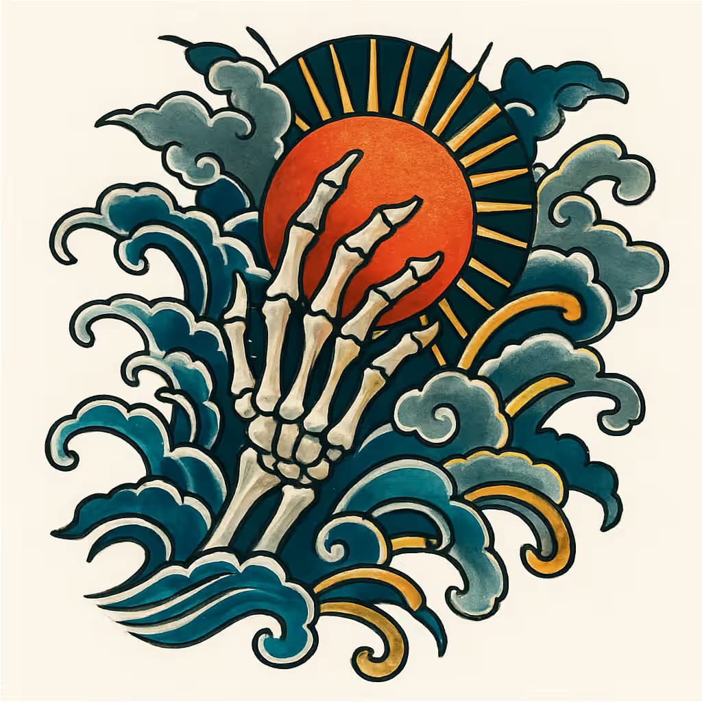 Tatuaje de mano esquelética estilo japonés