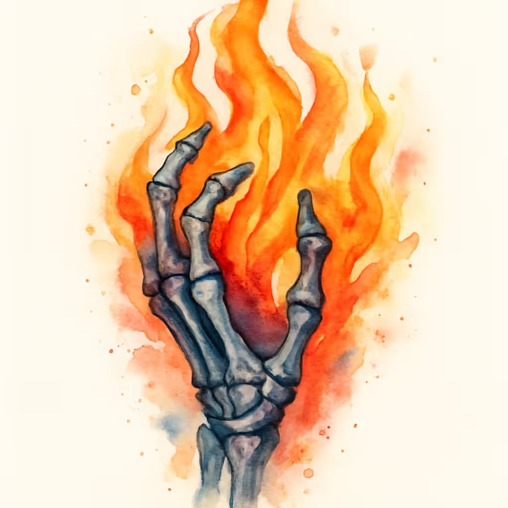 Tatuaje de mano esqueleto acuarela con llamas vibrantes