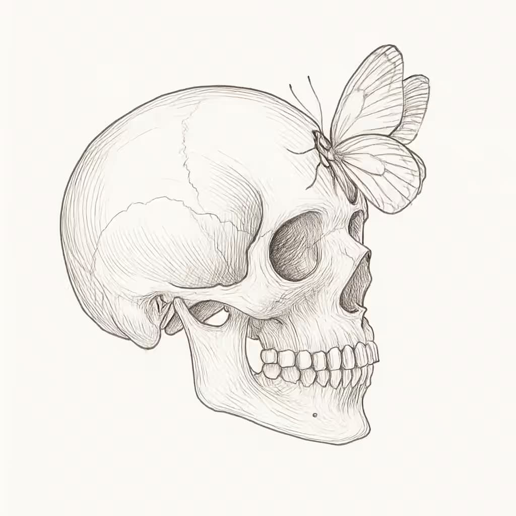 スカルタトゥー細線アート | 優雅なバタフライデザイン