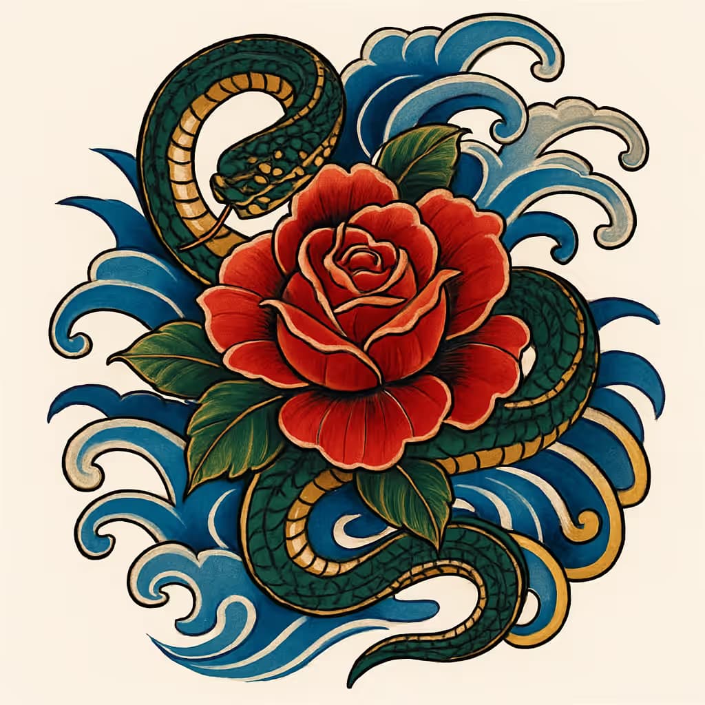 スネークタトゥー 日式スタイルの華やか蛇紋身