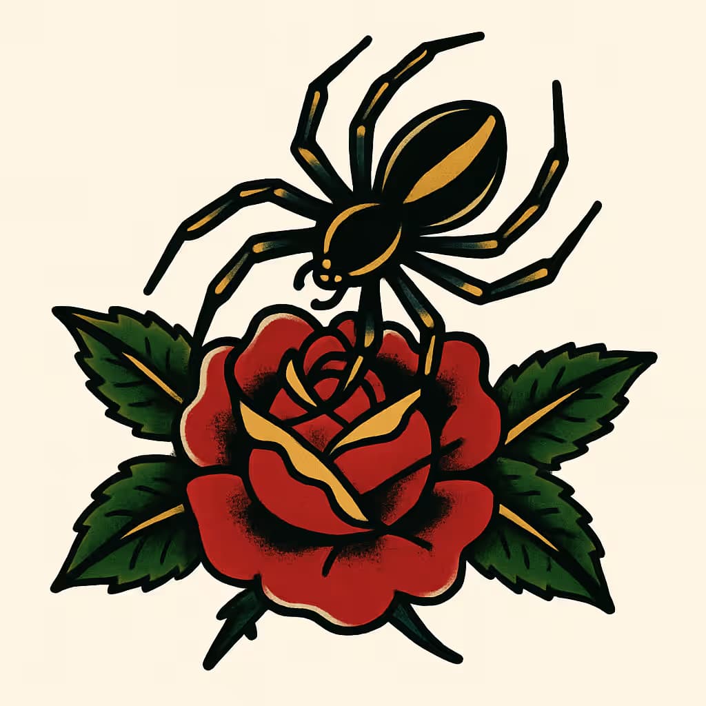 スパイダー タトゥー 伝統的ローズデザイン