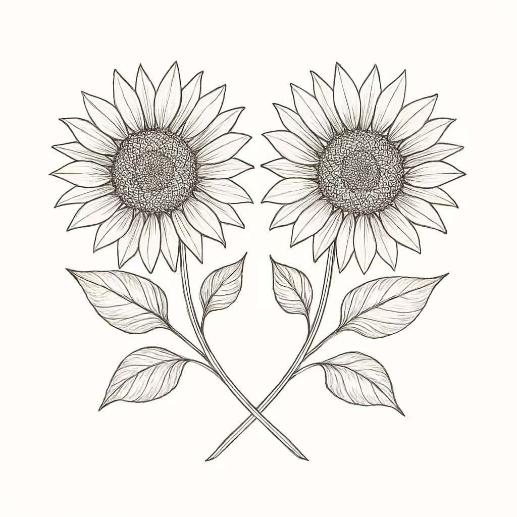 ひまわりタトゥー細線デザイン | ダブルひまわりの調和