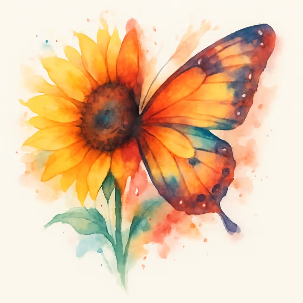 ひまわりタトゥー水彩風 | 華やかな蝶融合デザイン