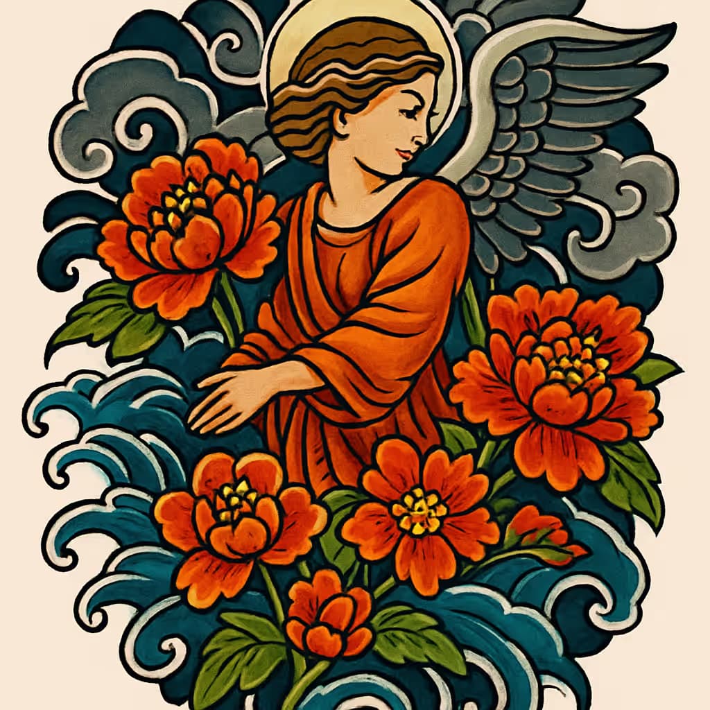 天使のタトゥー 日式フローラルデザイン