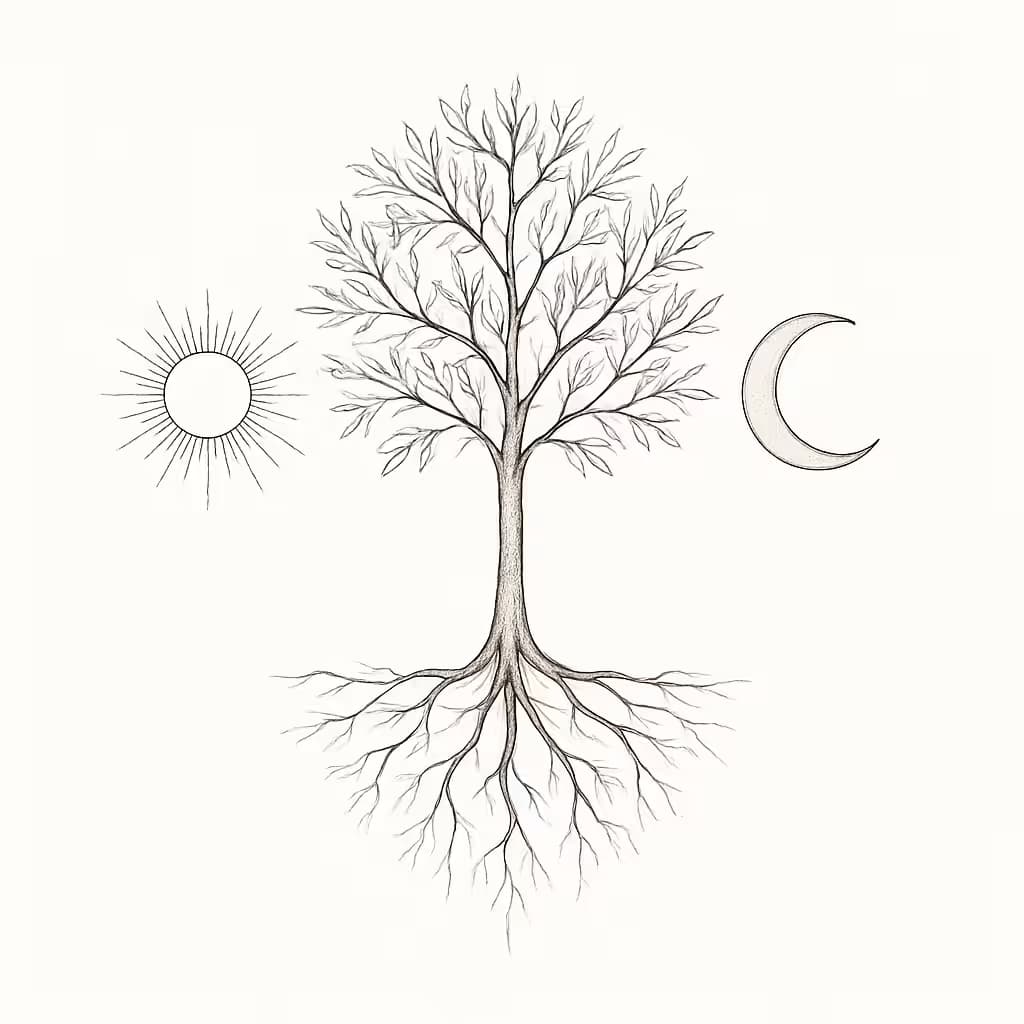 生命の樹タトゥー 細線で描く太陽と月の調和