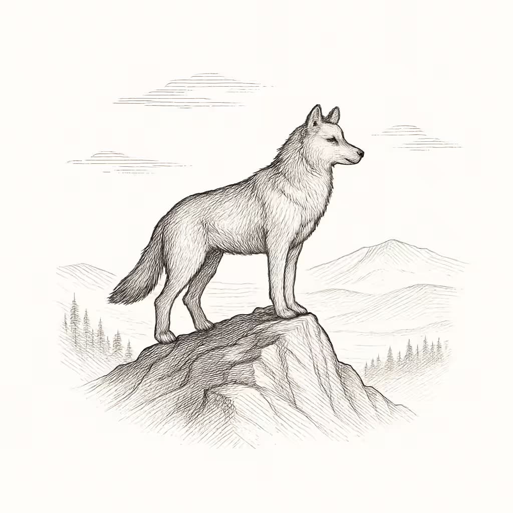 ウルフタトゥー細線デザイン | 独自の山頂構図